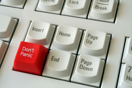 Computer keyboard with Don't Panic buttonの写真素材