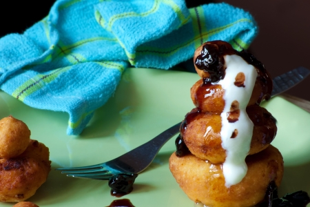 homemade cheese donuts with fruit jamの写真素材