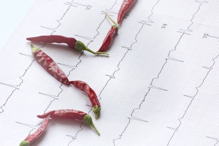 ECG evaluation and red chili suggesting the effect of spicy foodの写真素材