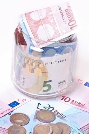 European Union money close view coins and banknotesの写真素材