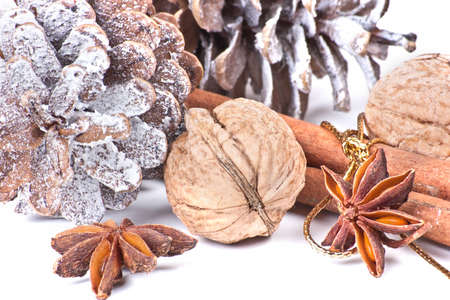 pine cones anise  cinnamon and nuts on white backgroundの写真素材