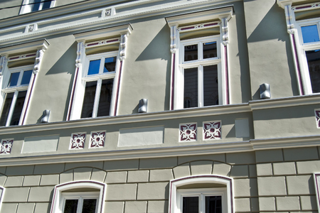 front view of public building with architectural detailsの写真素材