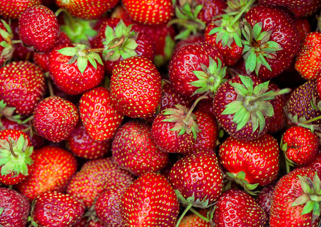 background from freshly harvested strawberries, directly aboveの写真素材