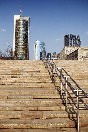 Modern buildings in Vilnius. VILNIUS, LITHUANIA - MAY 1: Vilnius city Konstitucijos street with skyscrapers on May 1, 2016, Vilnius, Lithuania.のeditorial素材