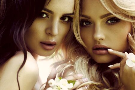 Young beautiful blonde and brunet woman in blooming spring garden.の写真素材