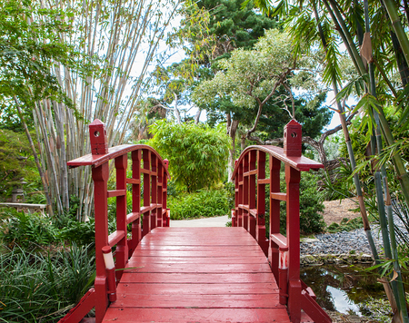 Beutiful and calm Japanese garden with red bridgeの写真素材