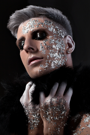 Sensual Man Fantasy Portrait. Silver Body Art.の写真素材