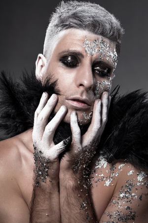 Sensual Man Fantasy Portrait. Silver Body Art.の写真素材