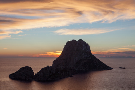 Seascape of sunset on Es Vedra island, Ibiza, Baleares, Spainの写真素材