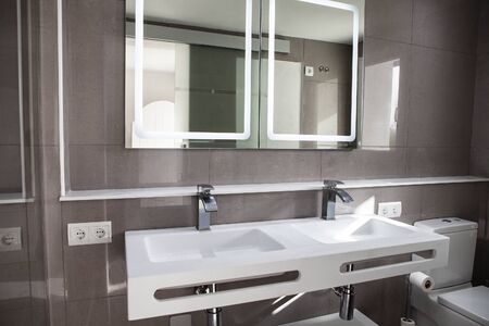 Spacious bathroom in gray tones with heated floors, walk-in shower, double sink vanity and skylightsの写真素材