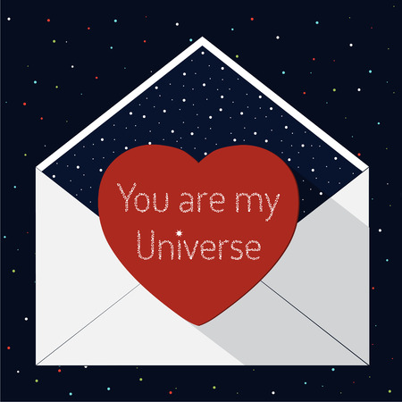 Vector illustration of an open envelope with a gift postcard in flat design. Valentine's day phrase - You are my Universeのイラスト素材