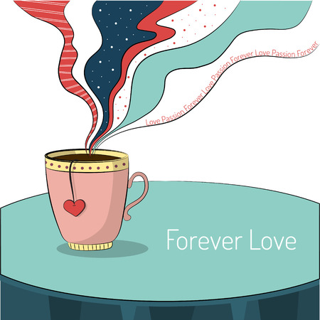 Cup of tea with heart teabag. Steam rises above a cup with text Love, Passion, Forever. Valentine's Day cardのイラスト素材