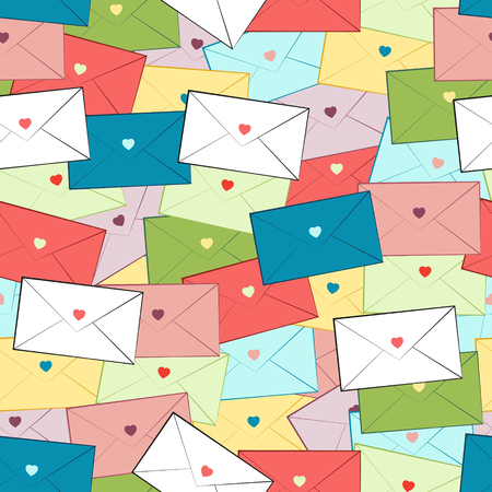 Multicolored vector seamless pattern of messy envelopes. Light blue, blue, light pink, green, yellow, white, red paper with multicolored heartsのイラスト素材