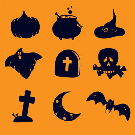 Set of flat icons with halloween symbols. Vector illustration. Halloween design elements. Pumpkin, cauldron potion, witches hat, ghost, gravestone, scull and bones, grave with cross, moon, batのイラスト素材