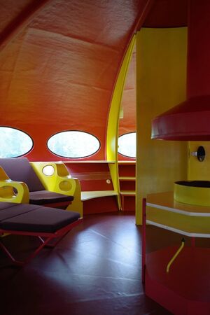 Espoo, Finland - 13 July 2014: Interior of yellow Futuro house designed by Matti Suuronenのeditorial素材