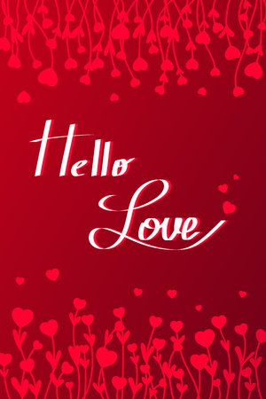 Red hearts on stems with leaves  on red background. Space for text. Hello loveのイラスト素材