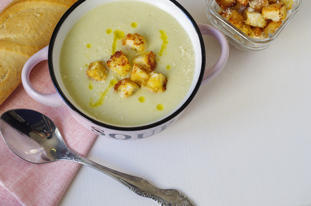 Bowl of vegetable soup. Cauliflower soup puree with croutons. Homemade healthy vegetarian foodの写真素材