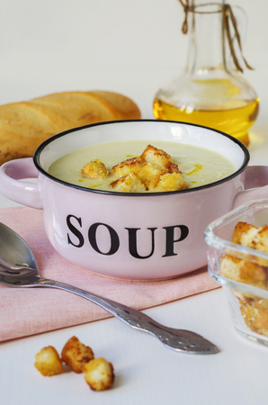 Bowl of vegetable soup. Cauliflower soup puree with croutons. Homemade healthy vegetarian foodの写真素材