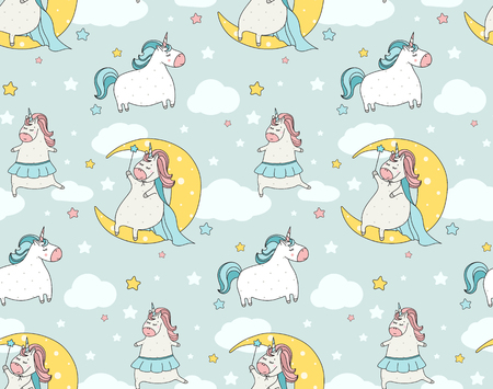 Cute  unicorn seamless pattern. Cartoon illustration. Doodle art of magic creature. Can be used for baby clothes, wallpaper, kids wear, wrapping paperのイラスト素材