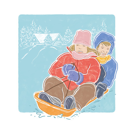 Two children playing ski board, childhood illustrationのイラスト素材
