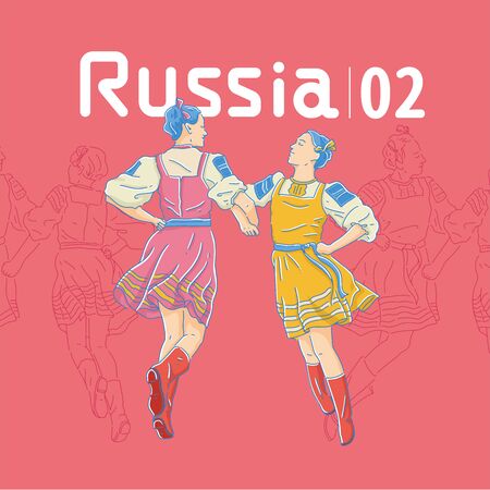 Two dancers dancing Russian traditional dance, with more dancers in the backgroundのイラスト素材