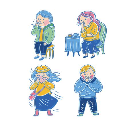 People feeling unwell, having cold, seasonal flu, high temperature, running nose. Set of sick people cartoon style vector illustration isolated on white background.のイラスト素材