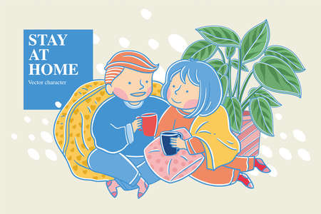 Two people enjoying leisure time at home, drinking coffee, lying on the sofa, indoor potted plants in the background, warm style vector illustrationのイラスト素材