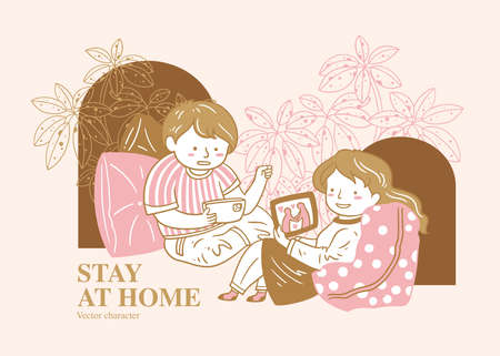 A vector illustration of two people staying at home and enjoying their leisure time, using 3C products and matching plants with lines on the backgroundのイラスト素材