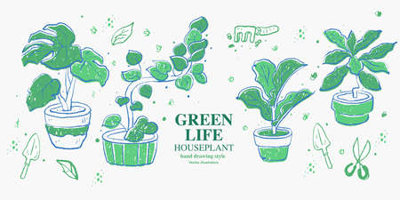 Hand drawn style green plant pot set, with gardening tools, vector illustrationのイラスト素材