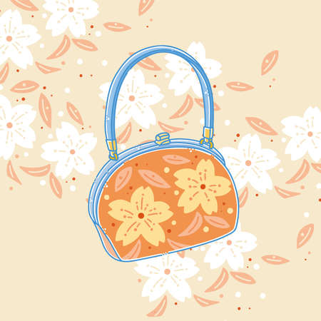 Asian traditional female handbag, vector illustration, placed on light orange flower pattern background, sakura pattern backgroundのイラスト素材
