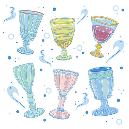 Various glass wine glasses collection, decorative effect style, vector illustrationのイラスト素材