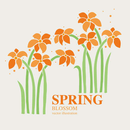 Vector illustration of orange flower, green leaf plant, spring breath, card designのイラスト素材