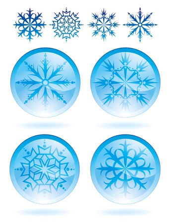set of blue snowflakes and glossy web buttonsのイラスト素材