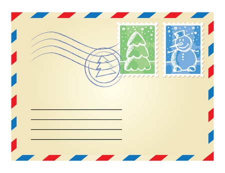 christmas envelope with postage stamps on white backgroundのイラスト素材