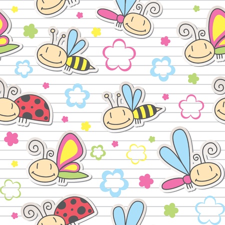 seamless pattern with cute insects and flowersのイラスト素材