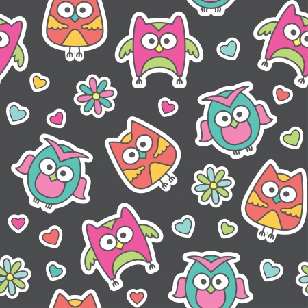 seamless pattern of cartoon owls and flowersのイラスト素材