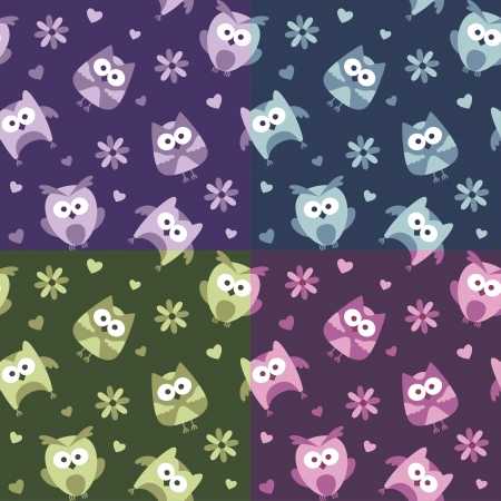 set of seamless patterns with cartoon owlsのイラスト素材