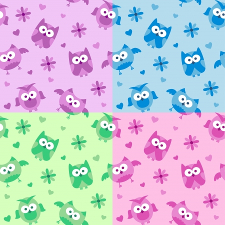 set of seamless patterns with cartoon owlsのイラスト素材