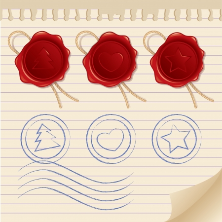 set of postage elements  wax seals, stamps and paper pageのイラスト素材