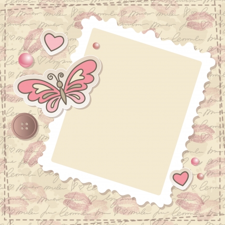 vintage scrapbooking set with butterfly, hearts and paper frameのイラスト素材
