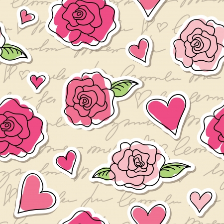 seamless pattern of roses, hearts and hand writing elementsのイラスト素材