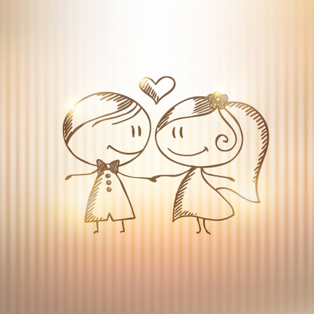hand drawn wedding couple on gold backgroundのイラスト素材
