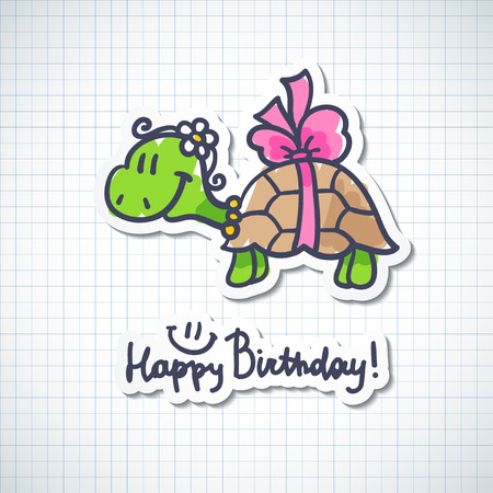 birthday card with cartoon turtle and bowの写真素材
