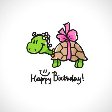 birthday card with cartoon turtle and bowの写真素材