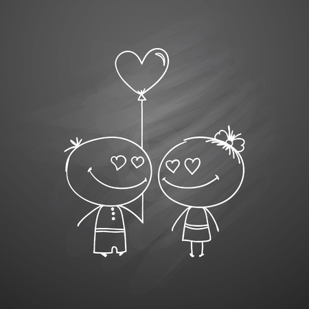 hand drawn boy and girl on black chalkboardのイラスト素材