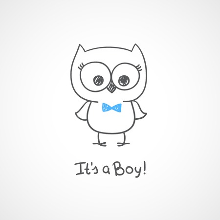 vector hand drawn baby owl, baby shower card template, it\'s a boyのイラスト素材