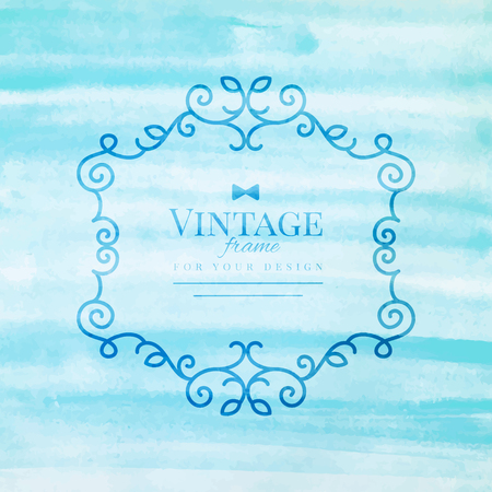 vector floral vintage frame on turquoise watercolor backgroundのイラスト素材