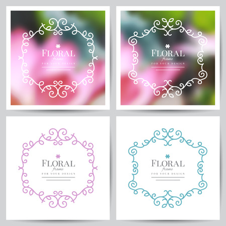 vector set of floral frames on white paper and realistic blurred backgrounds of flowersのイラスト素材