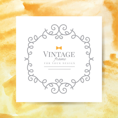 vector floral vintage frame on white paper and orange watercolor backgroundのイラスト素材