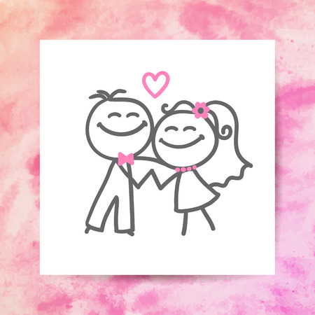 groom and bride, vector hand drawn wedding couple on white paper page with watercolor backgroundのイラスト素材